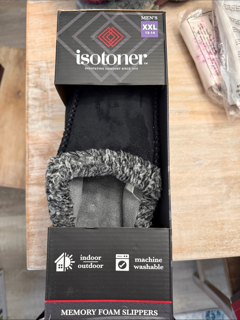 isotoner Black Slippers with Gray Faux Fur Trim
